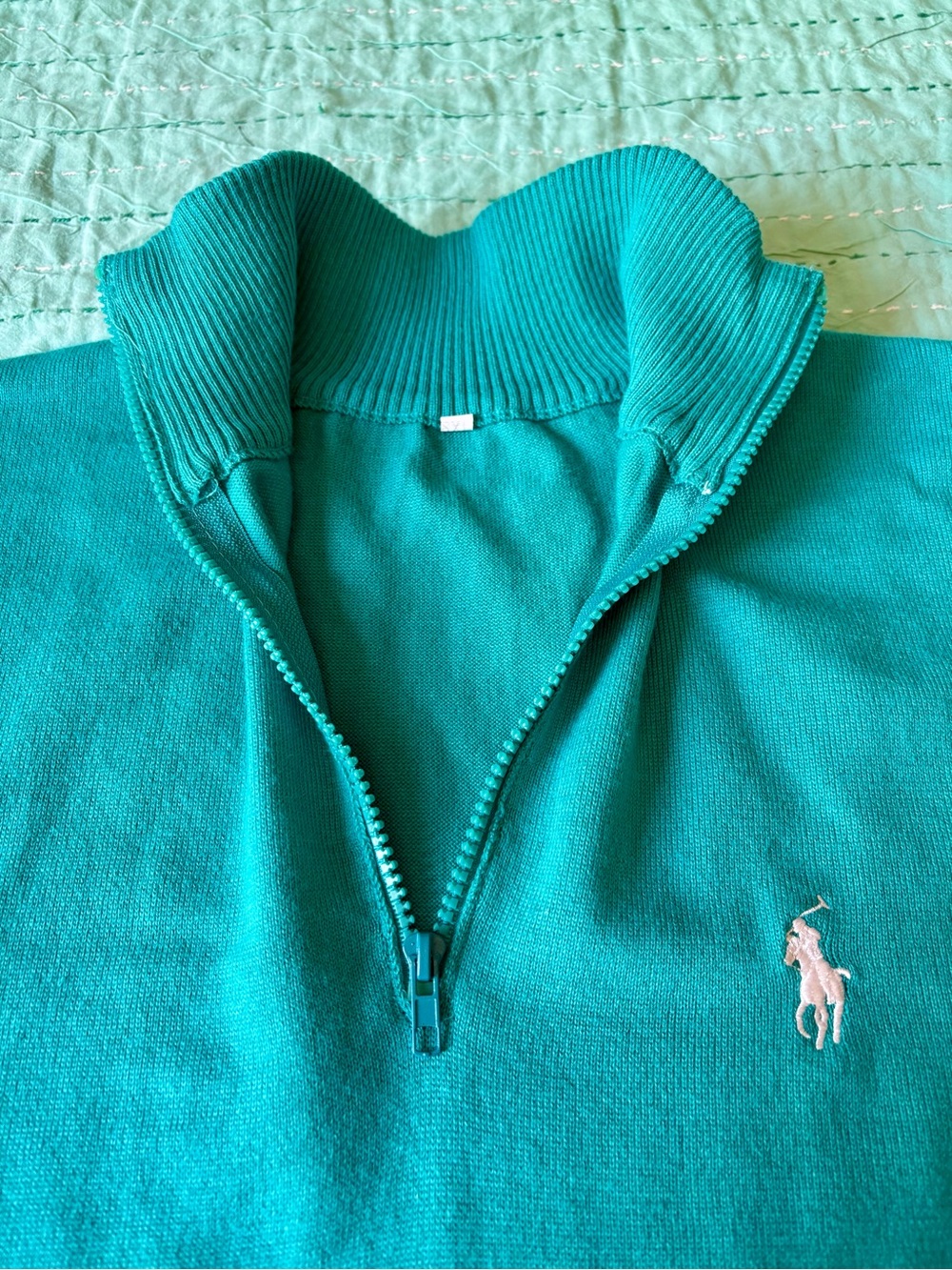 Ralph Lauren Teal Quarter-Zip Sweater with White Pony